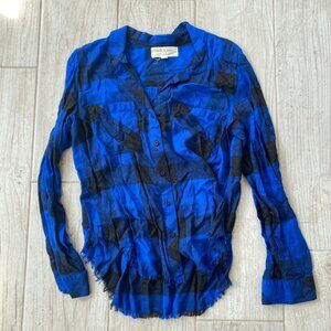 Cloth & Stone Blue Plaid Raw Hem Roll-Tab Sleeve Button-Down Shirt - Size M